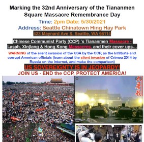抗議鎮壓，抵制滲透—西雅圖5月30日紀念天安門大屠殺32周年